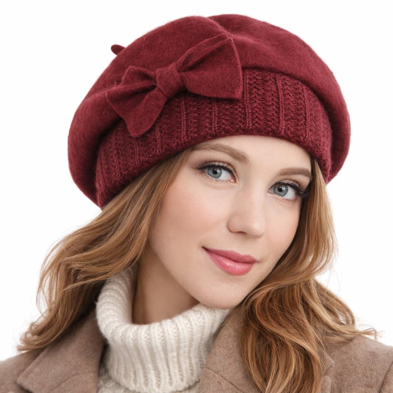 VECRY Women's 100% Wool Bucket Hat Felt Cloche Beret Dress Winter Beanie Hats (Beret-Claret) - Image 1